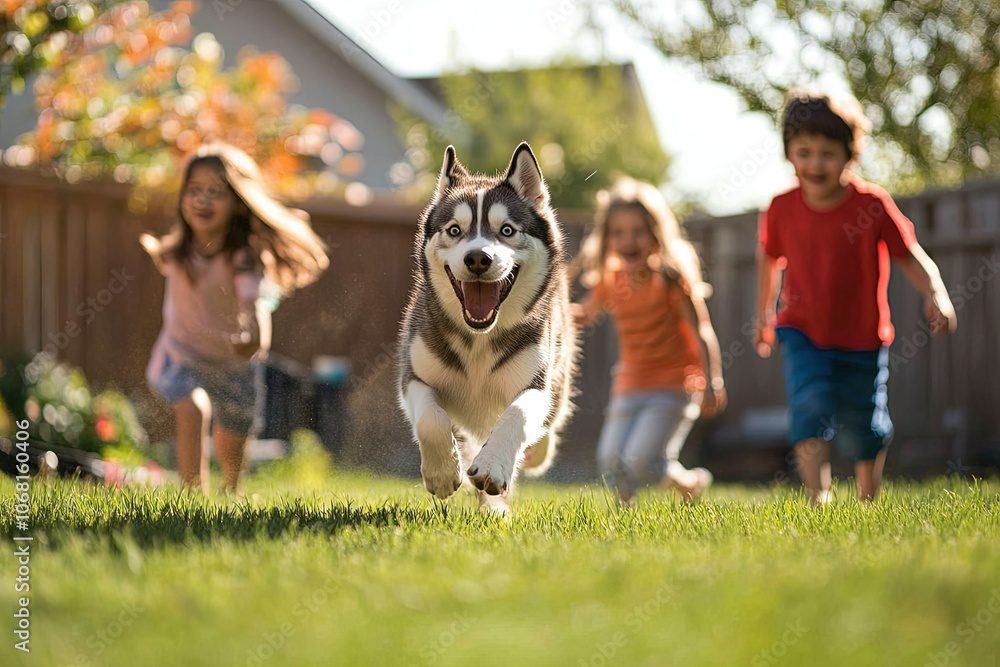 Family and dog playing outside in pest-free lawn