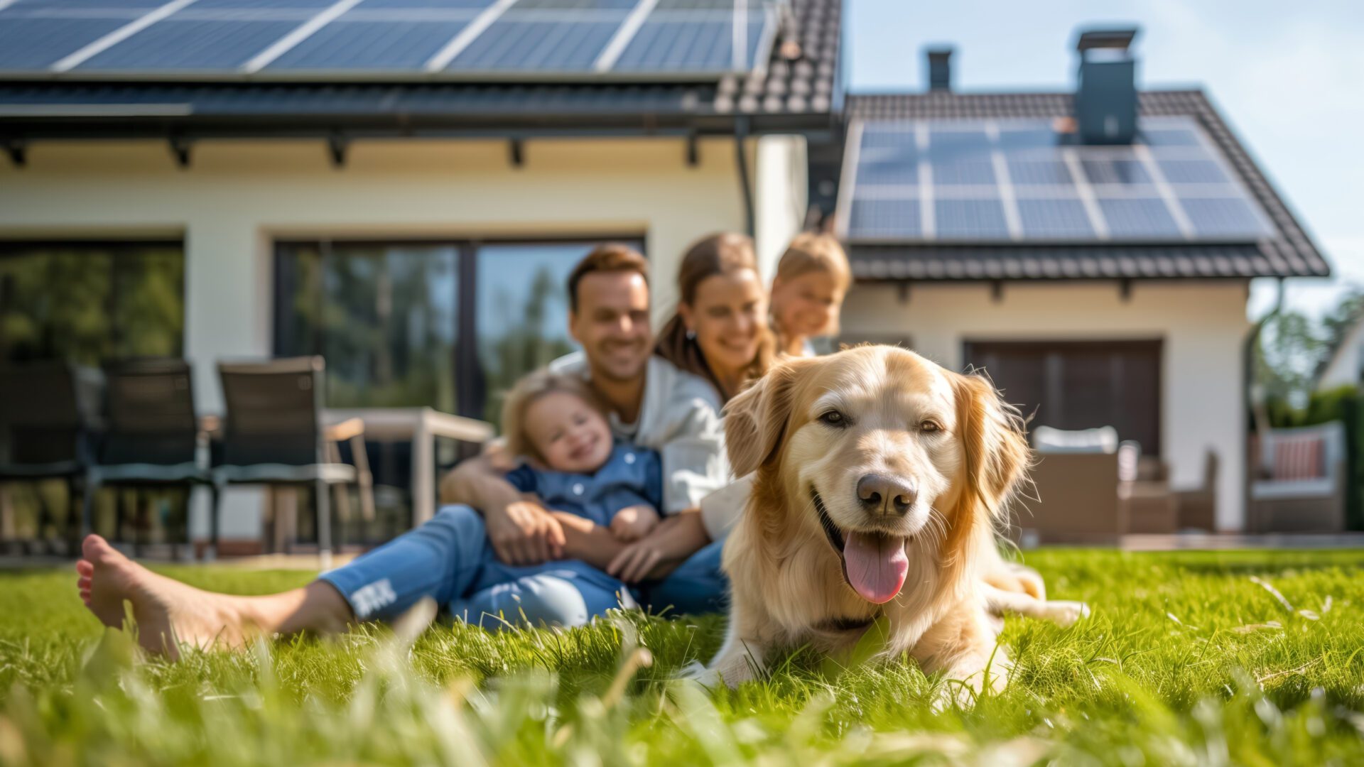 A joyful family and their pet dog enjoy quality time outside