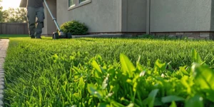 Lawn care professional inspecting broadleaf weeds in green turf