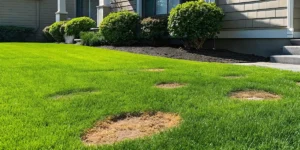 Home lawn with brown patches in lawn areas