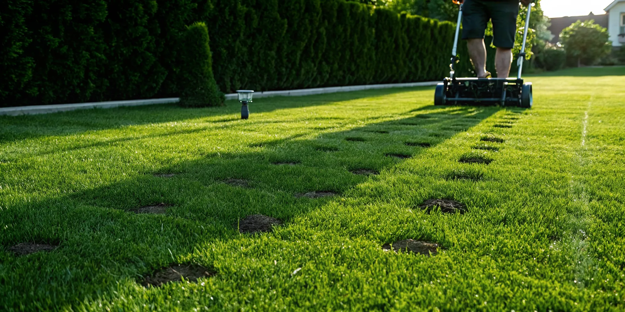Technician completing core aeration on a healthy lawn