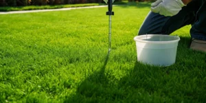 A professional technician collecting soil samples from a residential lawn