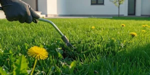 Gloved hand removing dandelions from a healthy green lawn