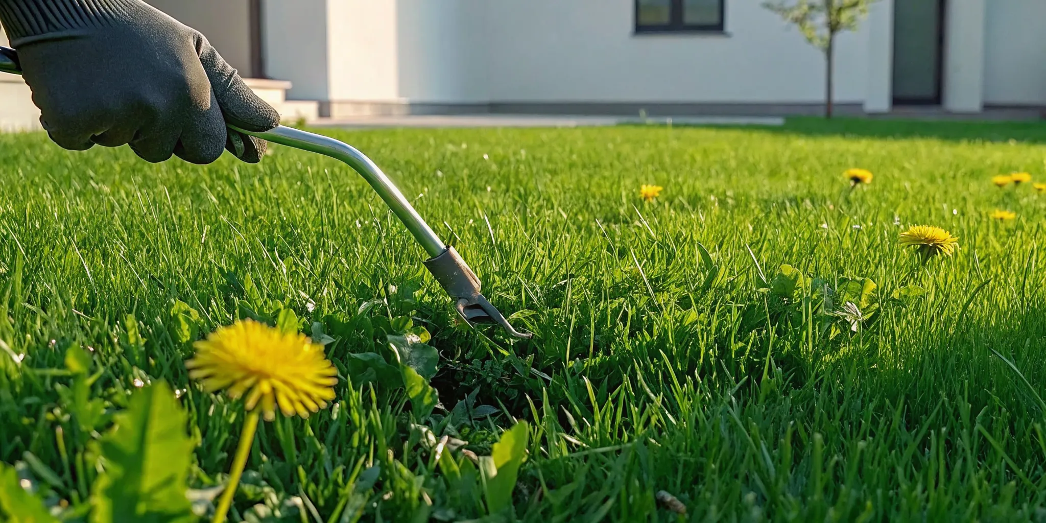 Gloved hand removing dandelions from a healthy green lawn