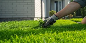 Homeowner learning how to get rid of weeds in a healthy lawn