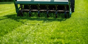 Professional lawn care core aeration machine removing soil plugs from a lush green lawn