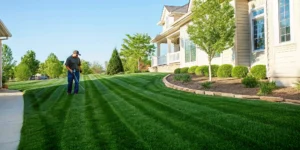 Professional lawn care services technician inspecting healthy turf