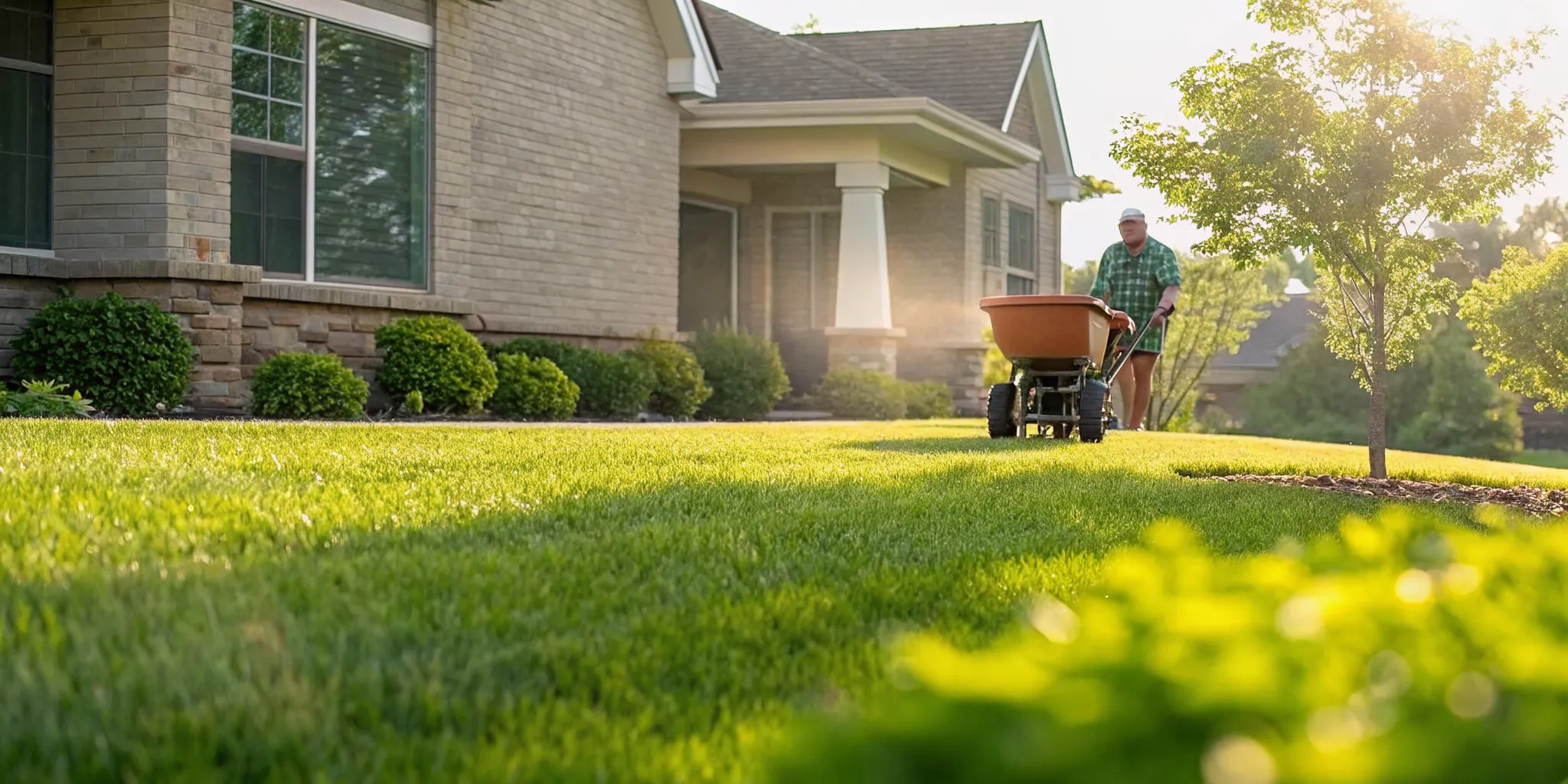 Professional lawn fertilization on a healthy green yard