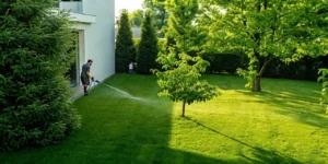 Technician applying professional mosquito control treatment in a backyard