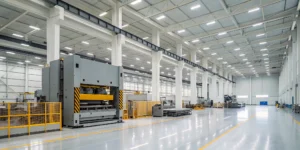 A modern press performing the sheet metal stamping process in a factory.