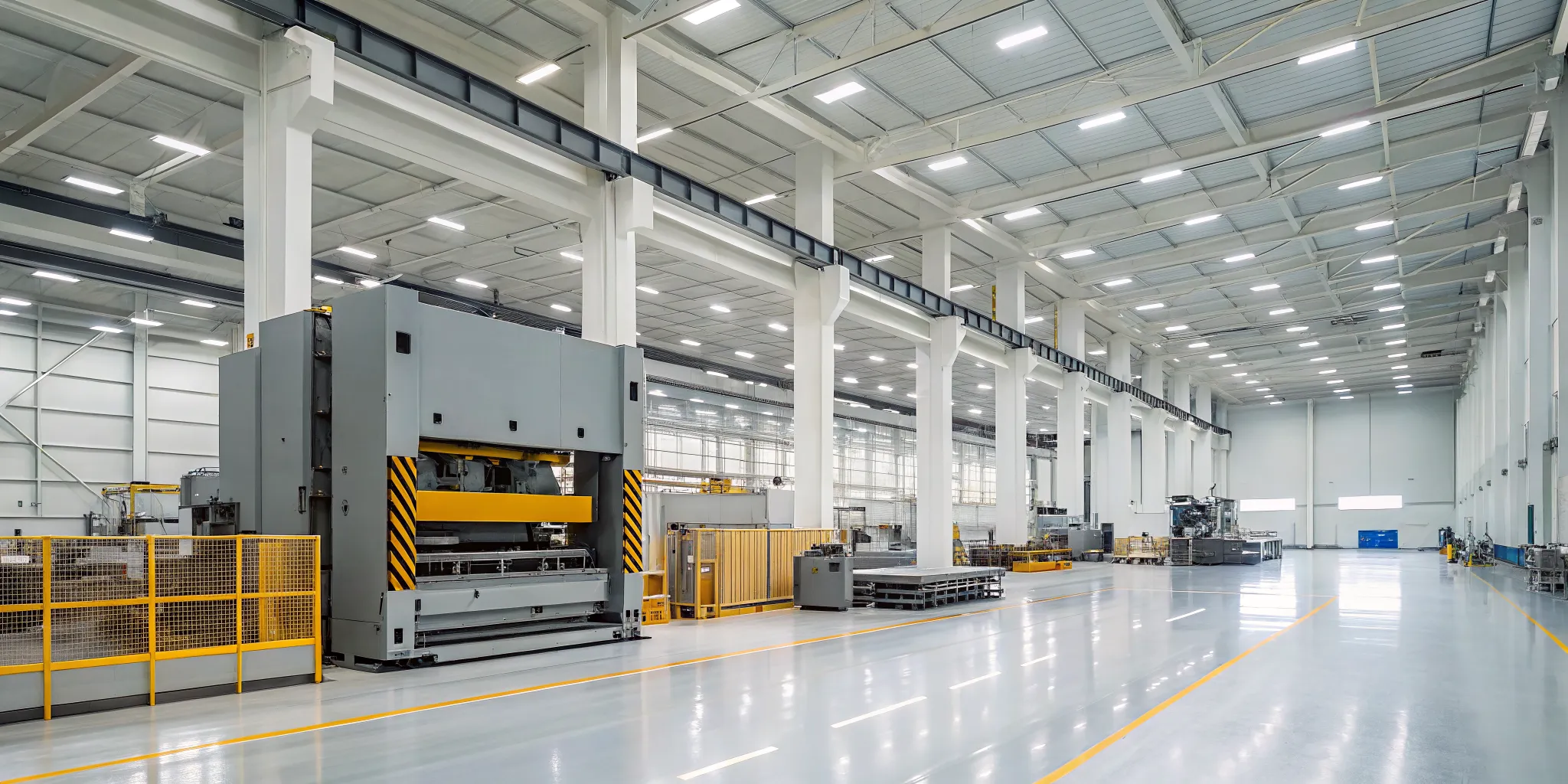 A modern press performing the sheet metal stamping process in a factory.