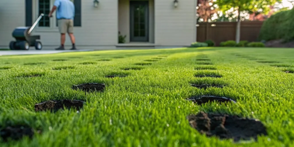 Healthy lawn with core aeration soil plugs