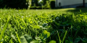 Healthy green lawn with visible broadleaf weeds including dandelions and clover