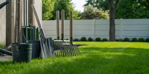 Spring lawn care tools on a healthy green lawn with blooming flowers