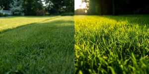 Split lawn scene showing contrasting cool-season and warm-season grass textures in natural sunlight