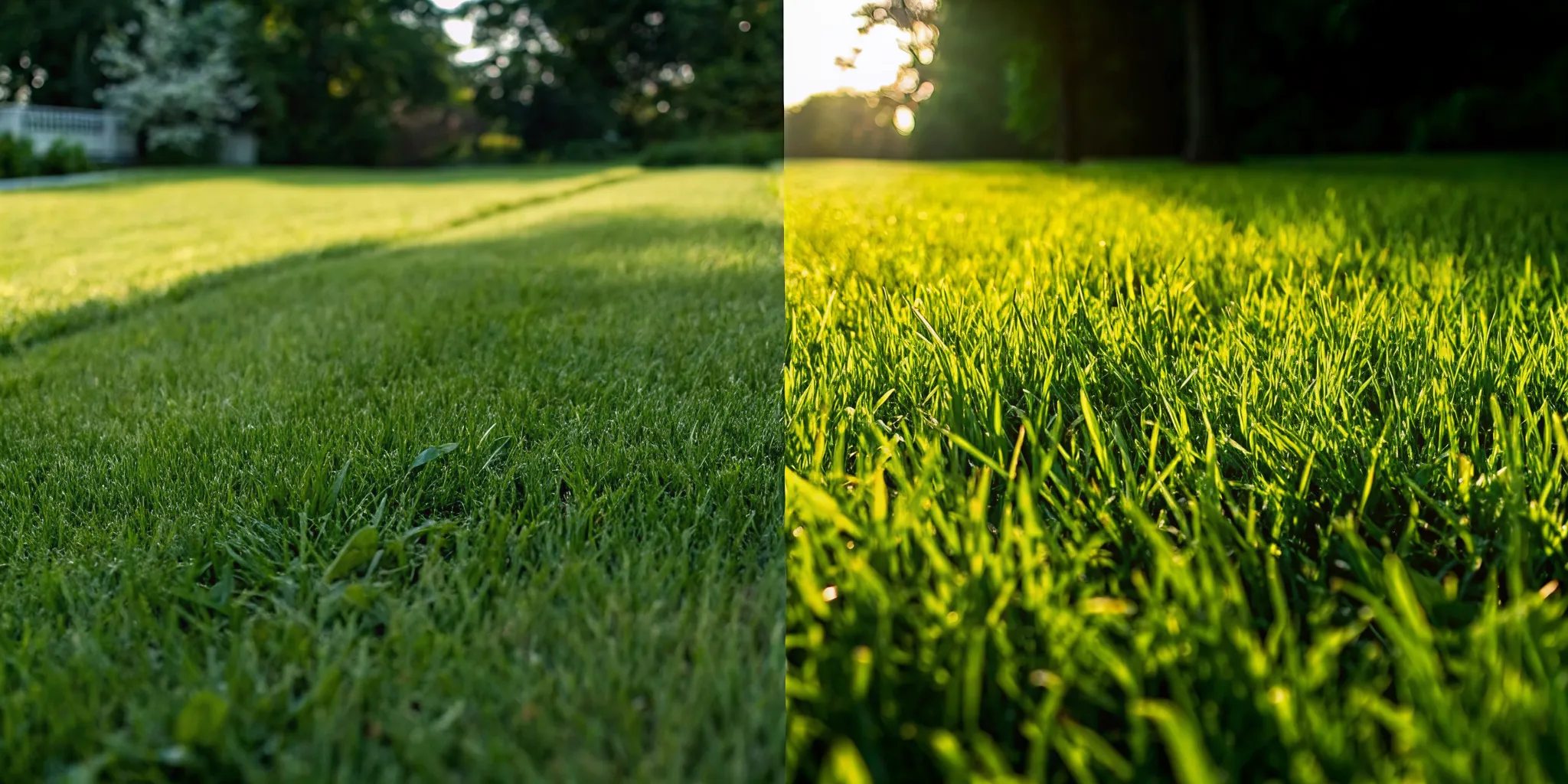 Split lawn scene showing contrasting cool-season and warm-season grass textures in natural sunlight