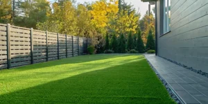 Homeowner raking fallen leaves on an autumn lawn with golden trees in the background