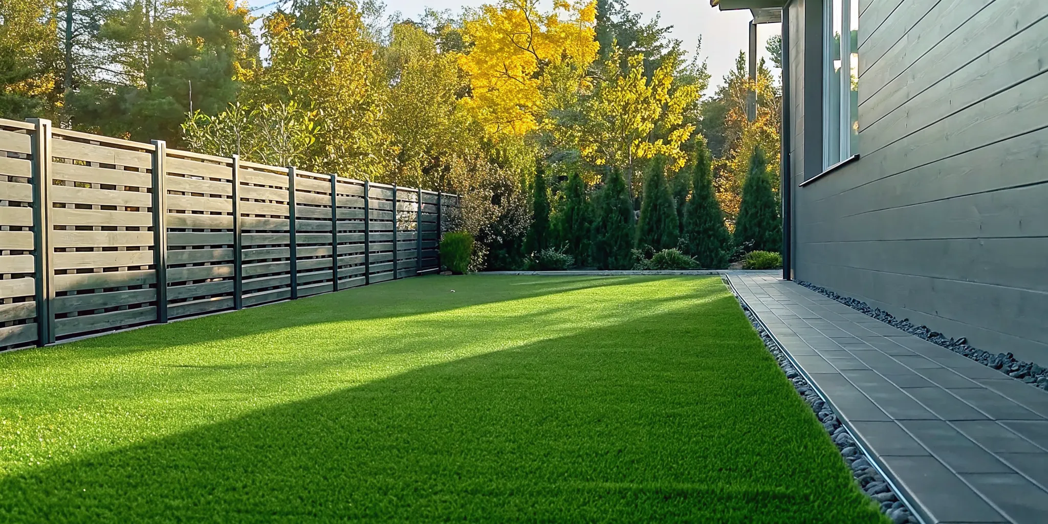 Homeowner raking fallen leaves on an autumn lawn with golden trees in the background