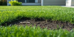 Brown patch of lawn damaged by grub infestation with C-shaped white grubs visible in soil
