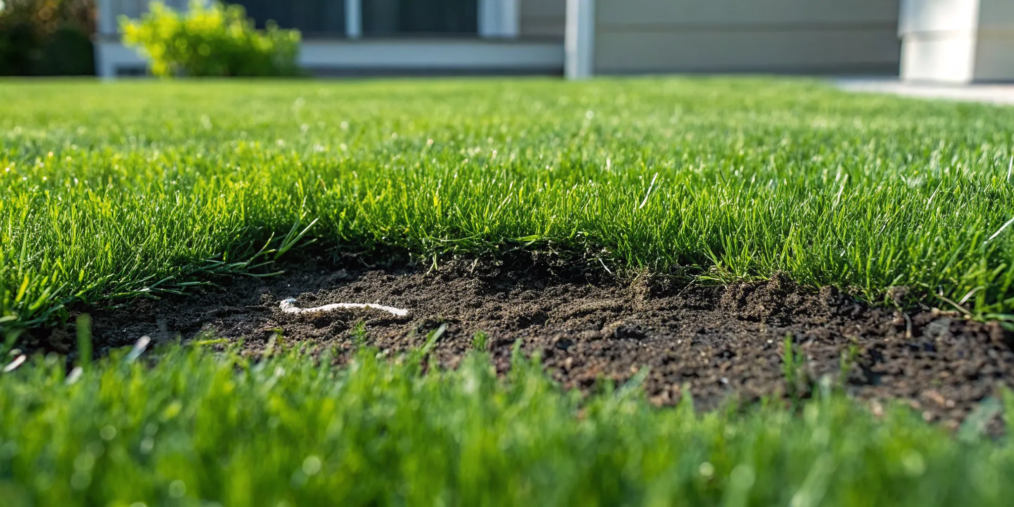 Brown patch of lawn damaged by grub infestation with C-shaped white grubs visible in soil