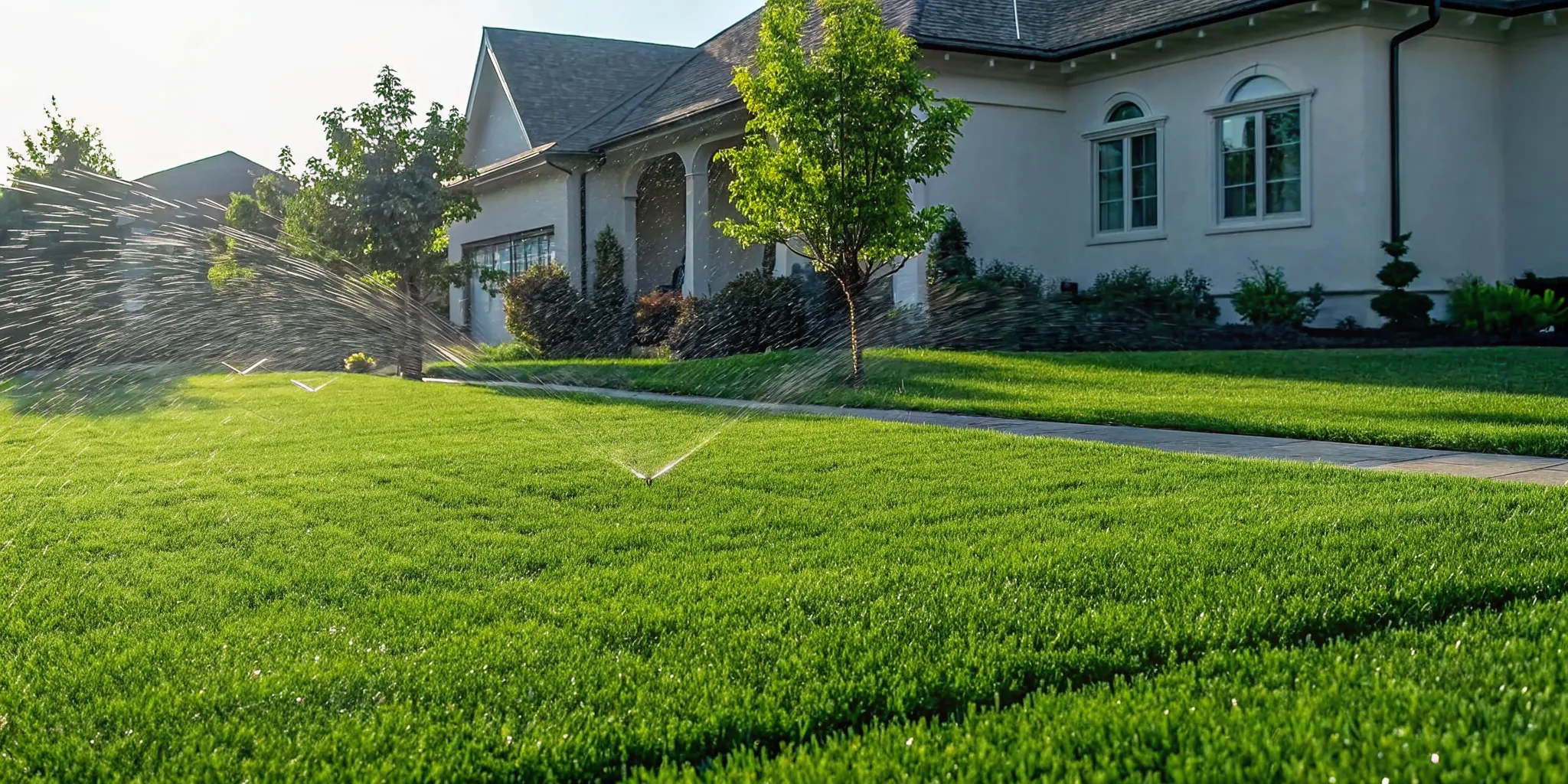 A lush green residential lawn watered by an oscillating sprinkler in early morning golden hour light