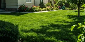 A lush and perfectly manicured suburban lawn on a sunny day representing professional lawn care