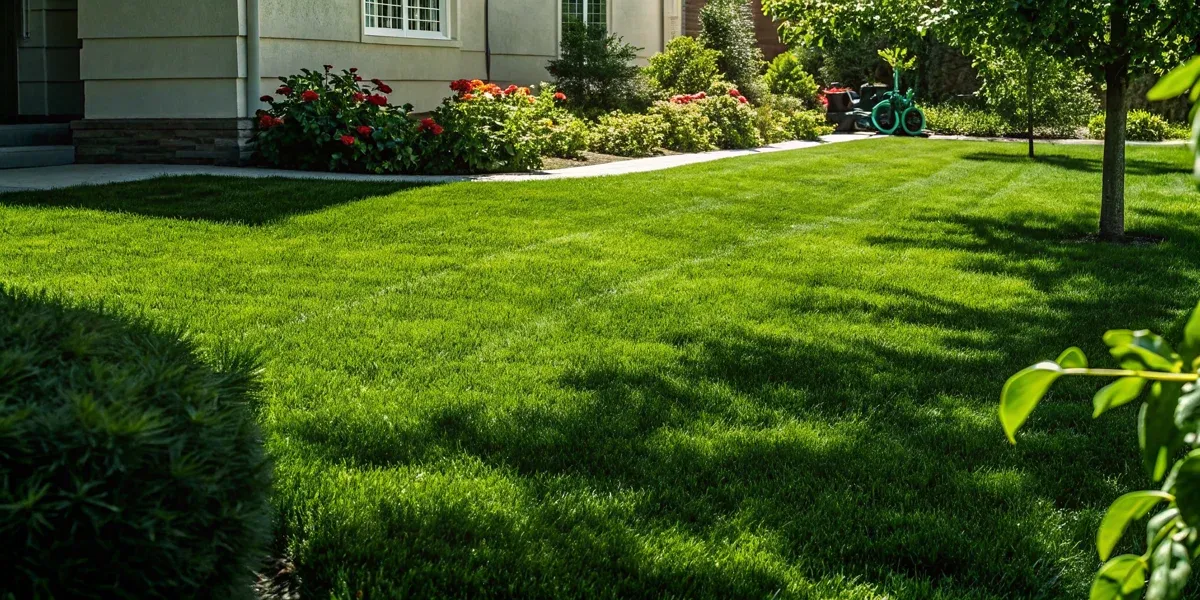 A lush and perfectly manicured suburban lawn on a sunny day representing professional lawn care