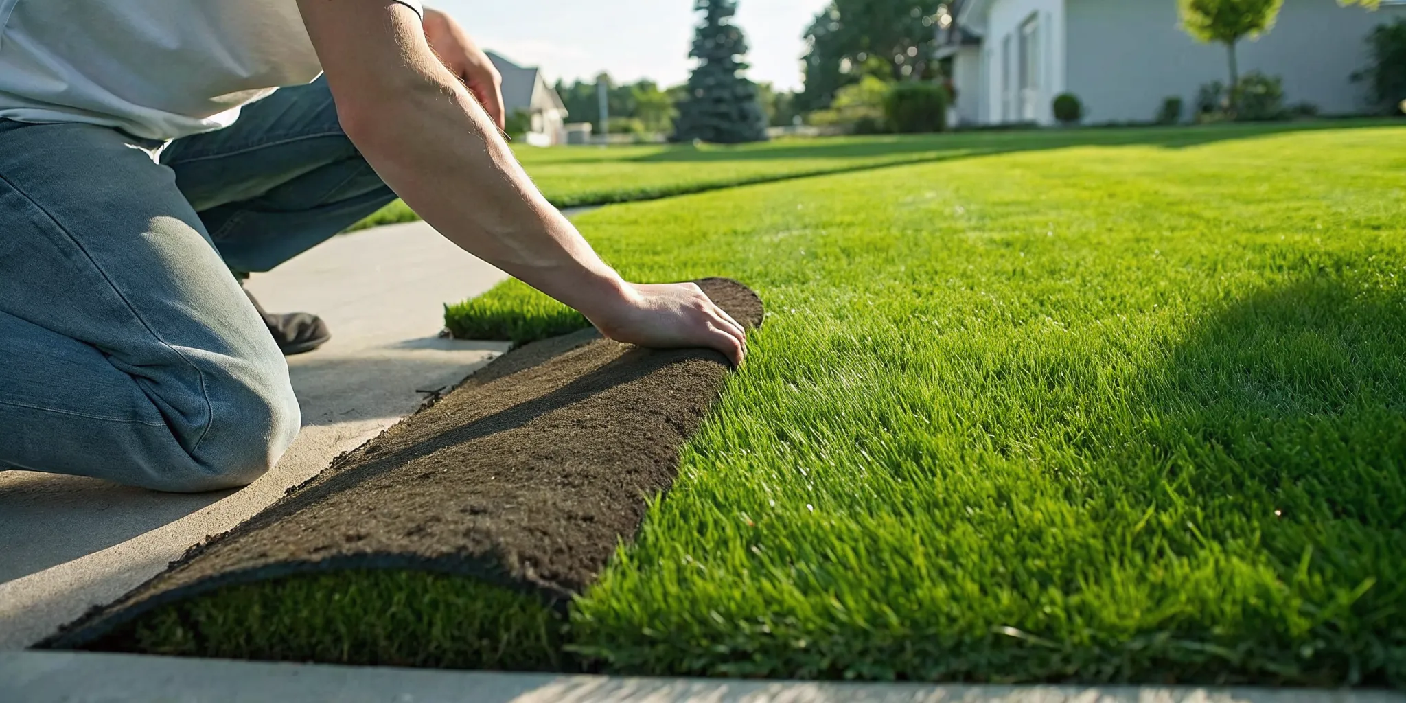 Homeowner inspecting lawn thatch layer on a sunny day