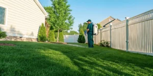 Professional lawn care technician applying mosquito barrier treatment in a residential Midwest backyard