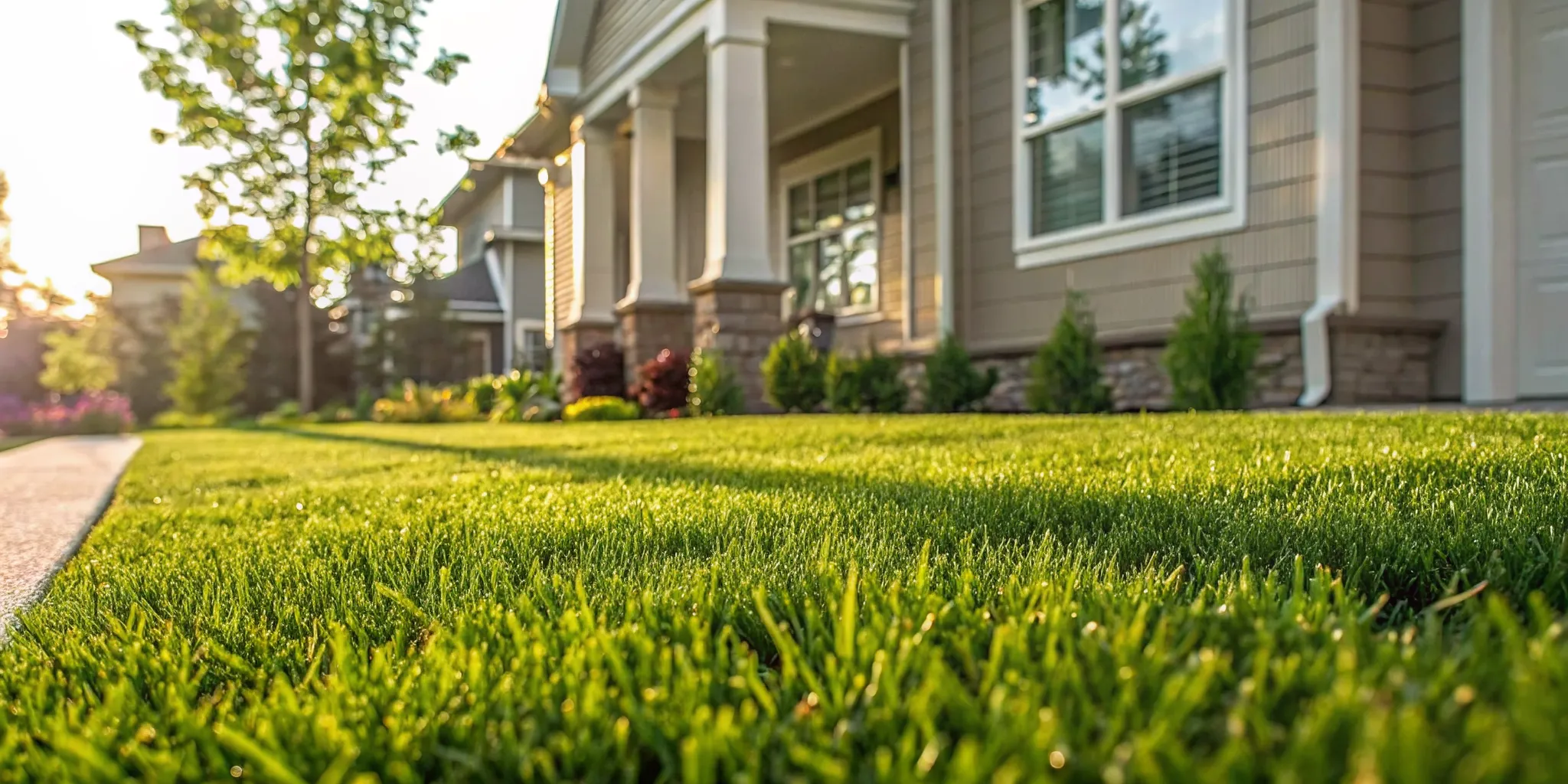 A lush green lawn in front of a suburban home with a no-contract lawn care sign