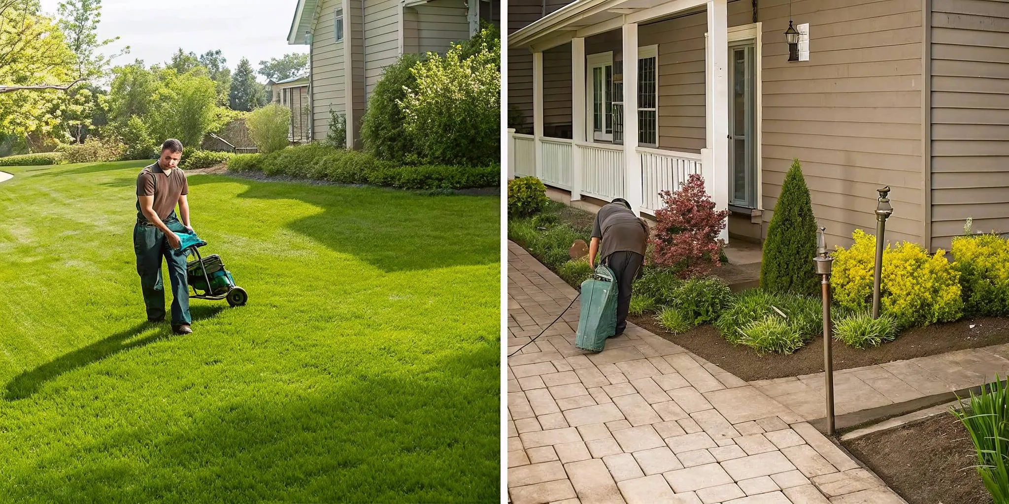 Side by side comparison of a professionally maintained green lawn versus a patchy weedy DIY lawn