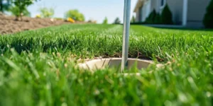 Lawn care professional testing soil pH in a Columbus Ohio residential lawn