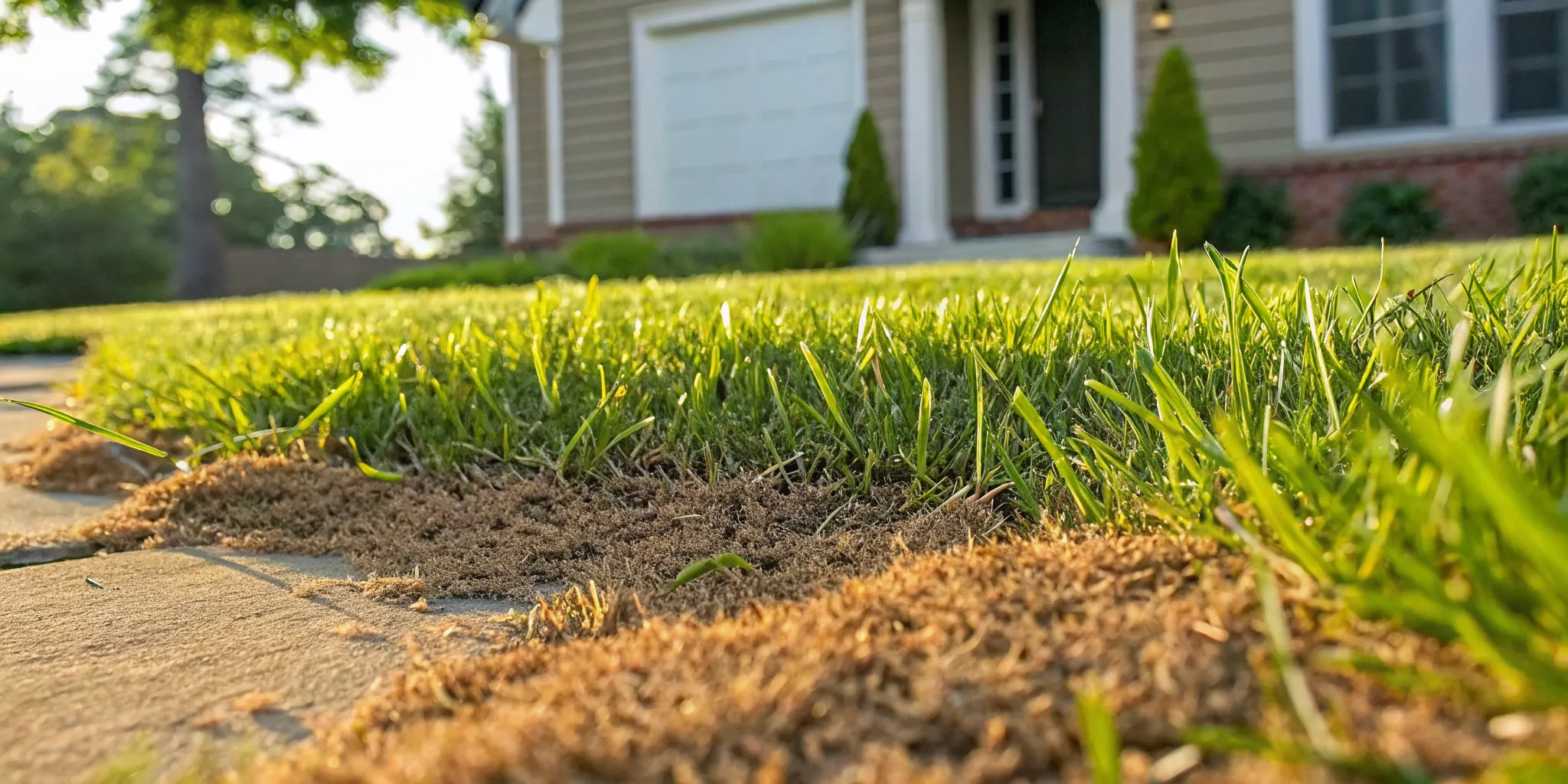 Lawn damaged by summer insects with healthy green grass in background, Charlotte NC