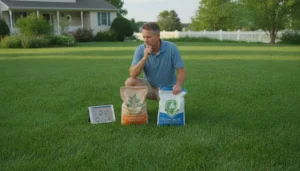 Homeowner comparing TruGreen lawn care alternatives with a lawn care professional