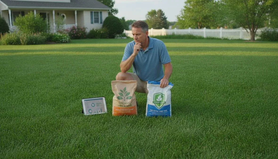 Homeowner comparing TruGreen lawn care alternatives with a lawn care professional