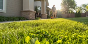 Lawn care technician inspecting healthy turf and broadleaf weeds
