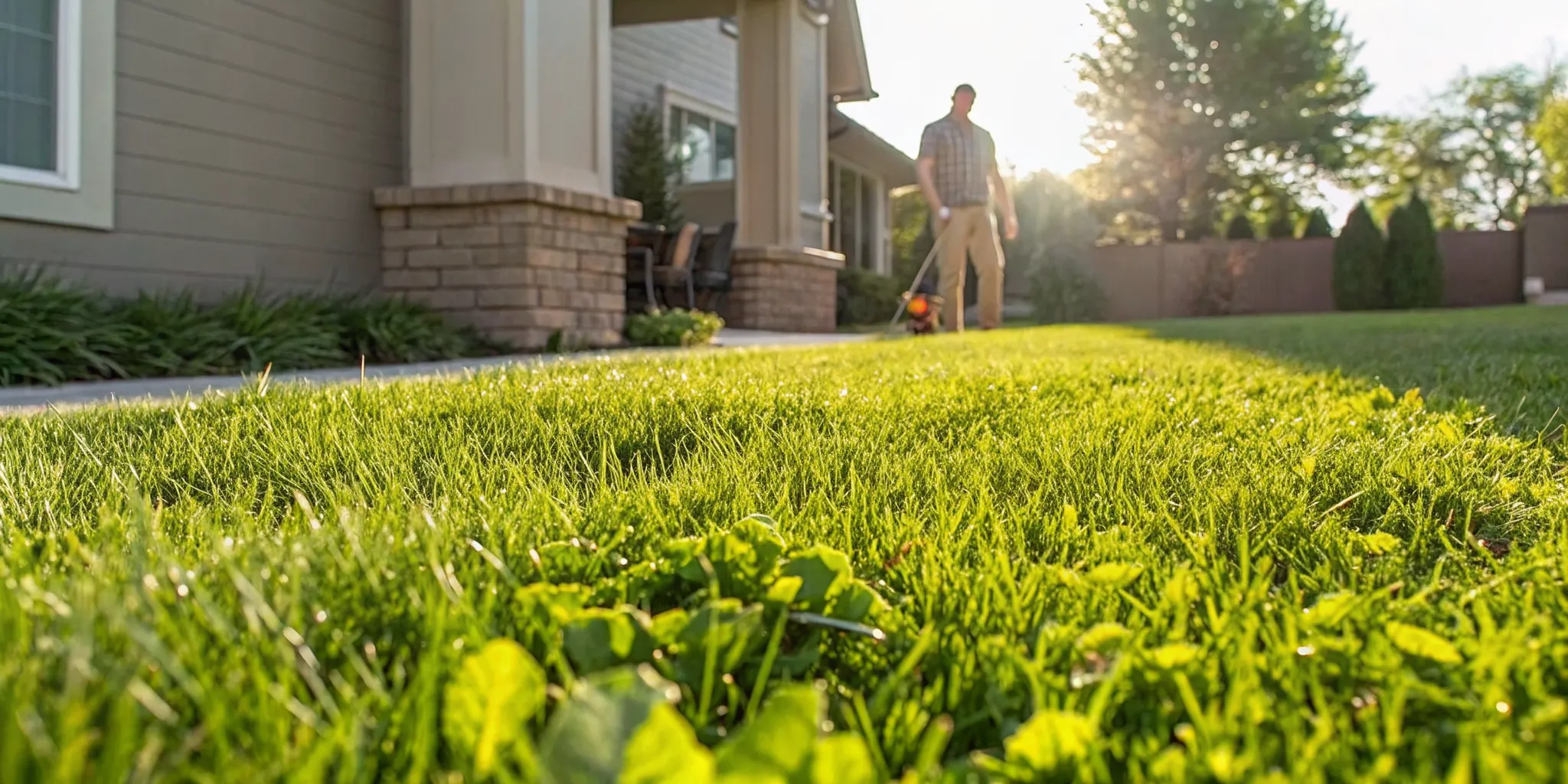 Lawn care technician inspecting healthy turf and broadleaf weeds