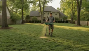Lawn care professional spreading fresh grass seed across a newly aerated, healthy green lawn in late summer sunlight