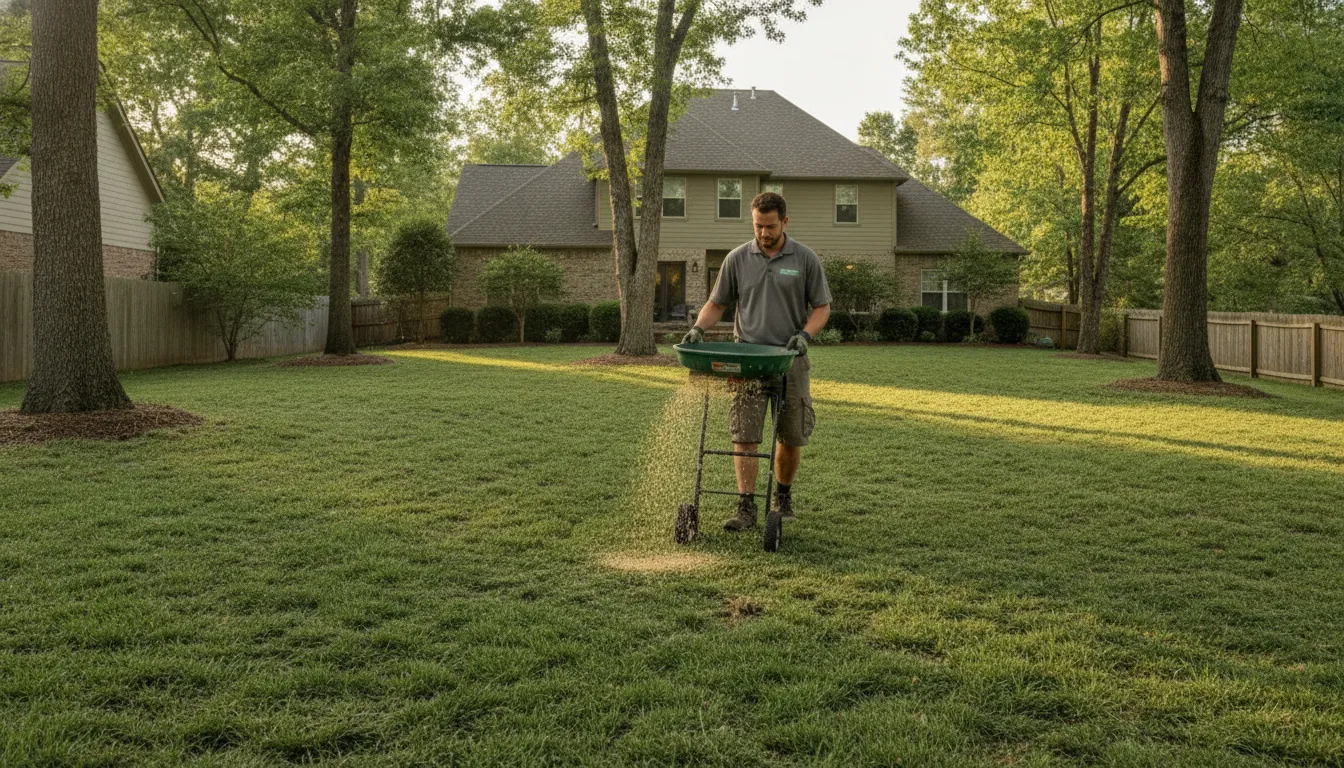 Lawn care professional spreading fresh grass seed across a newly aerated, healthy green lawn in late summer sunlight