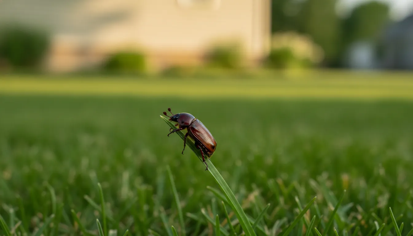A glossy brown June beetle perched on a blade of green grass in a suburban lawn