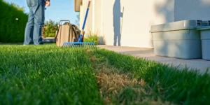 Homeowner inspecting early spring lawn with garden tools nearby