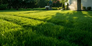 A lawn care professional fertilizing a healthy green lawn in a suburban backyard