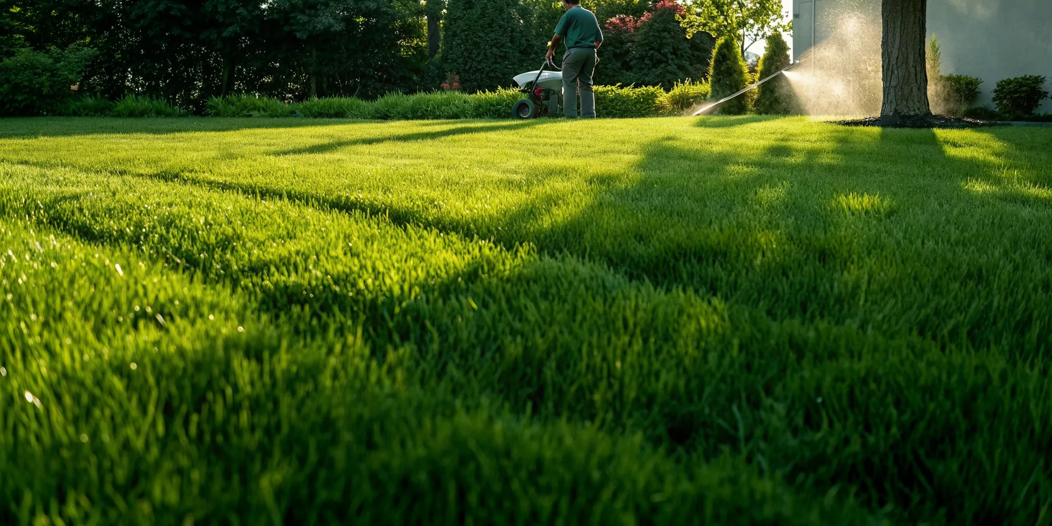 A lawn care professional fertilizing a healthy green lawn in a suburban backyard