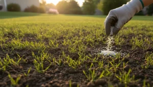 Young grass seedlings growing in fresh dark soil with a gardener applying granule fertilizer