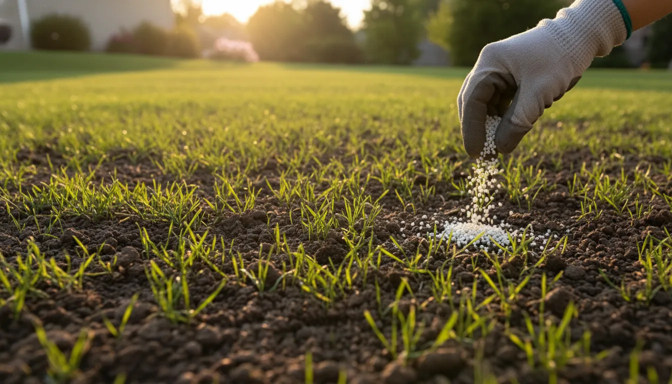 Young grass seedlings growing in fresh dark soil with a gardener applying granule fertilizer