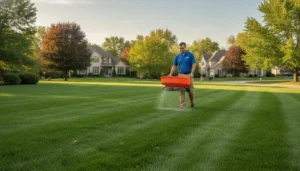 Lawn care professional applying fertilizer to a healthy cool-season lawn in fall