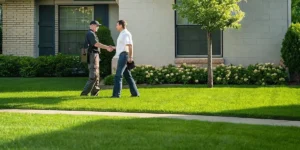 Homeowner and lawn care professional discussing services in front of a healthy green lawn