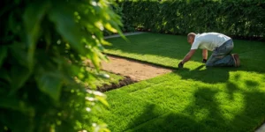 Lawn care specialist patching a bare spot in a green lawn with fresh seed