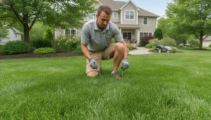 Lawn care provider inspecting a healthy green lawn for grub damage in early summer