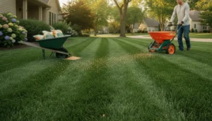Homeowner spreading grass seed and fertilizer across a lush cool-season lawn with a broadcast spreader